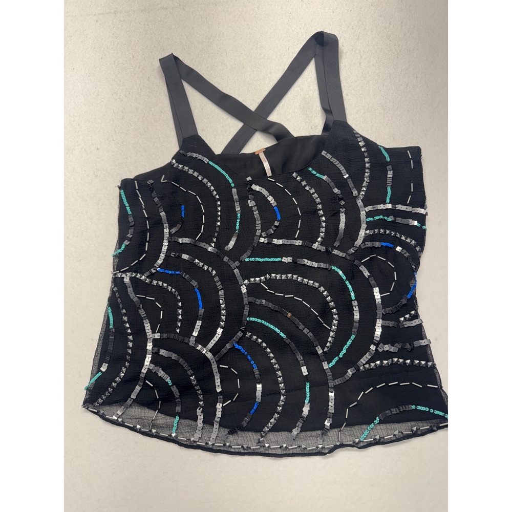 Free People Black Sequin Beaded Crisscross Back Chiffon Top Sleeveless L